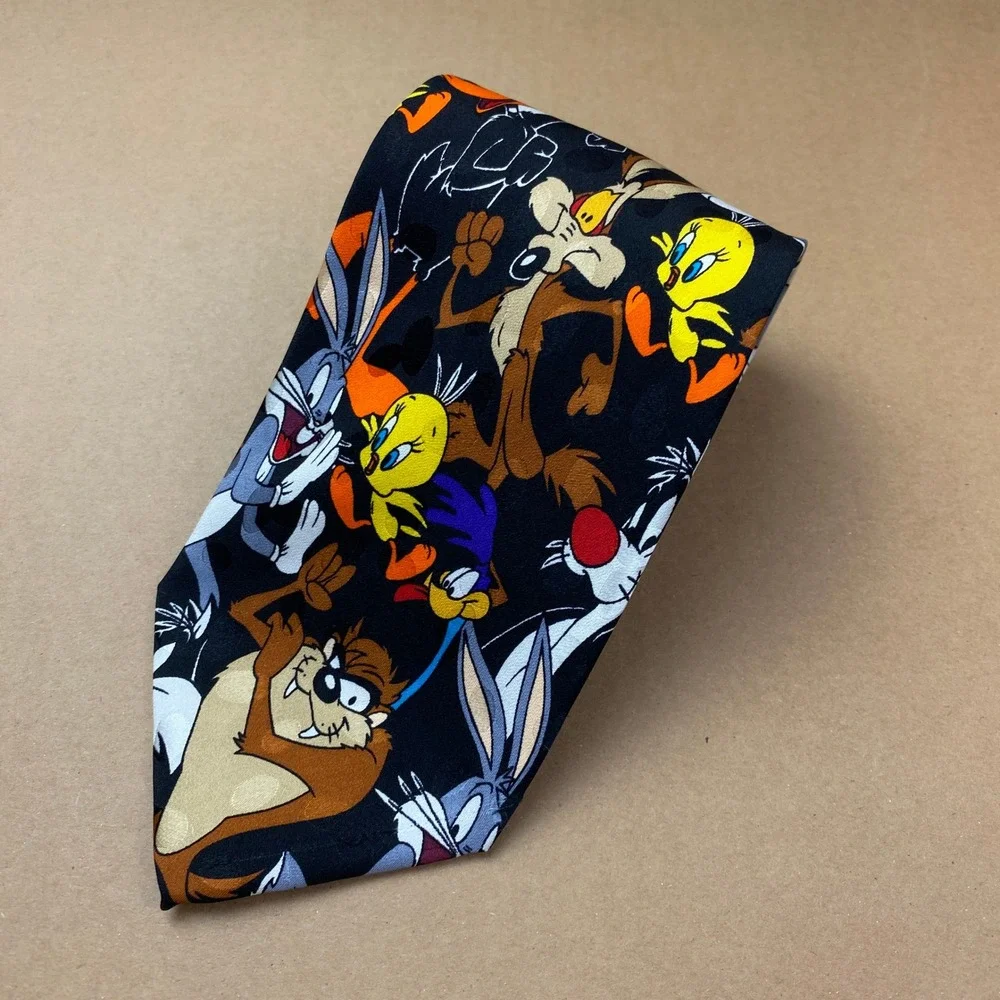 VTG Looney Tunes Mania Mens OS Black Silk Character Print Bugs Bunny Taz Tie